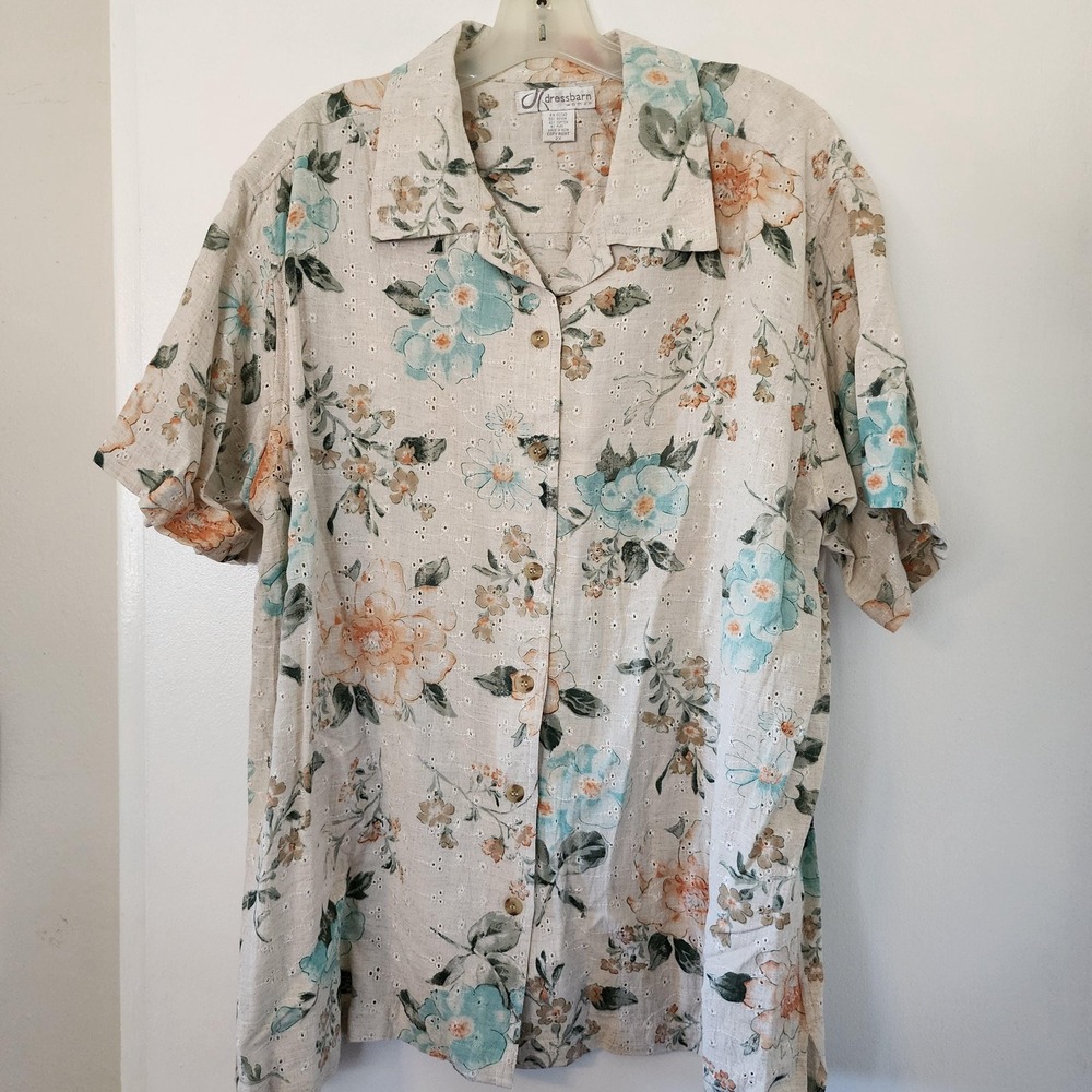Vintage Dressbarn 2X Floral Eyelet Button Up Top Beige Short Sleeve 90s Boho